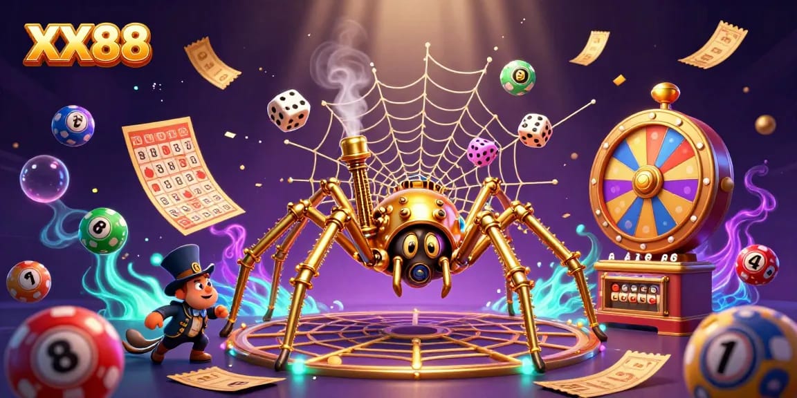 Win big at XX88 with a vibrant 3D illustration showcasing a steampunk spider trapping dice and colorful lottery balls.