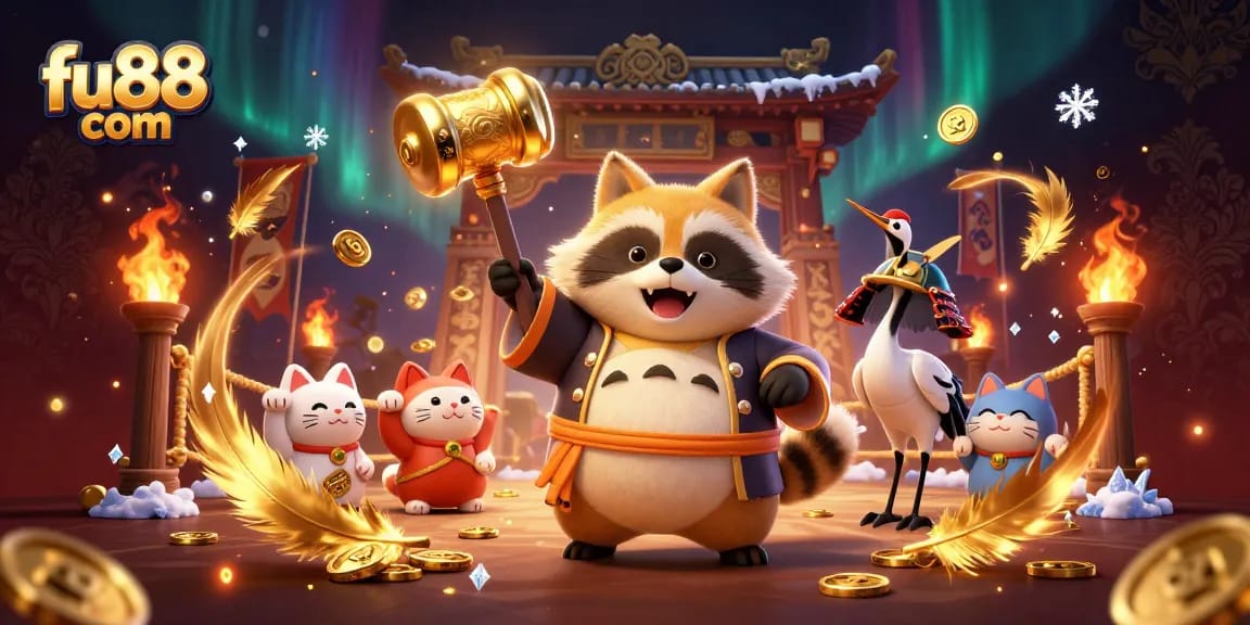 Experience the excitement of fu88 com with the cheerful tanuki and friends in a vibrant gaming scene!