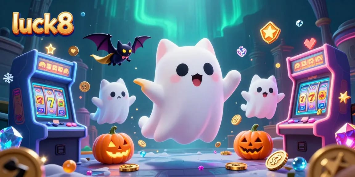 Engage in immersive gaming at luck8 with a 3D ghost cat and vampire bat in a casino.