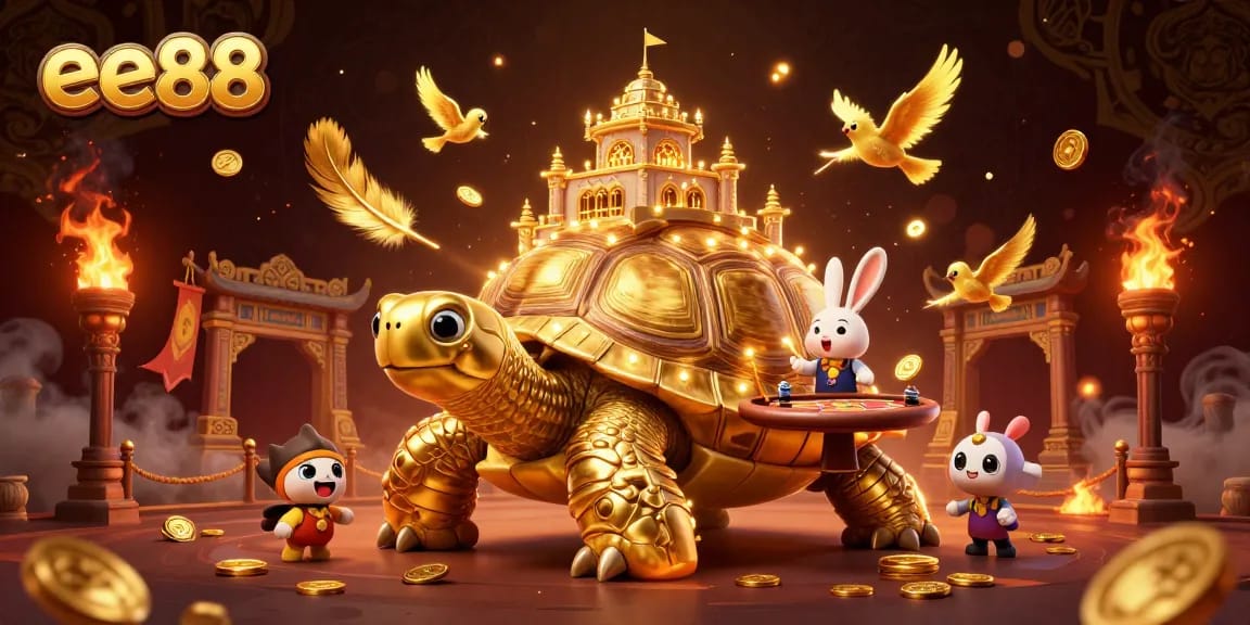 Play exciting games at ee88 with a vibrant illustration showcasing casino elements and engaging characters.