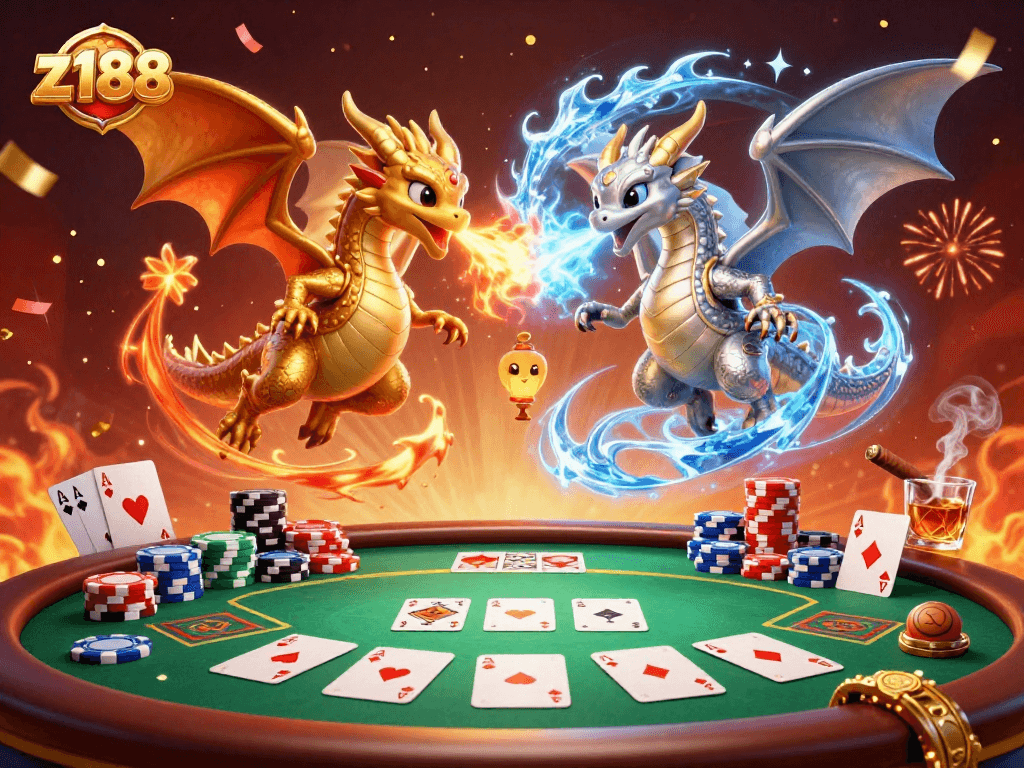 Experience thrilling games with z188 as golden and silver dragons battle, surrounded by poker excitement.