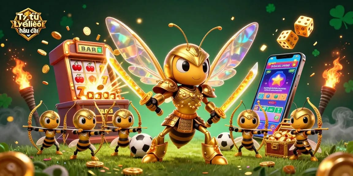 Engage with tỷ lệ kèo nhà cái in a vibrant sports betting scene featuring a golden hornet samurai surrounded by dynamic gaming elements.