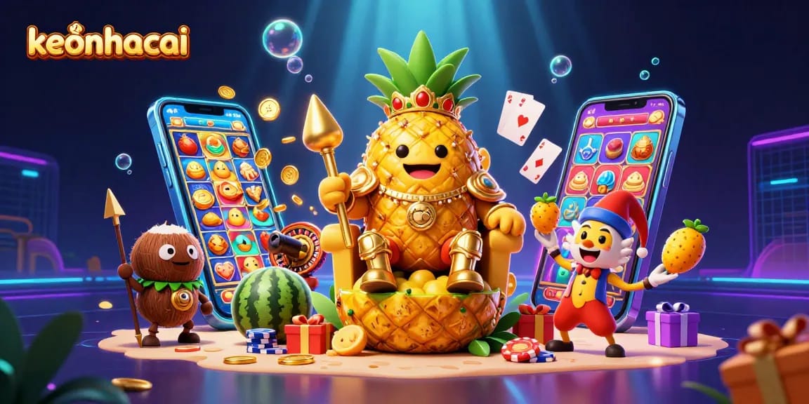 Engage in thrilling gameplay at keonhacai with vibrant illustrations of the golden pineapple king ruling the beach casino.