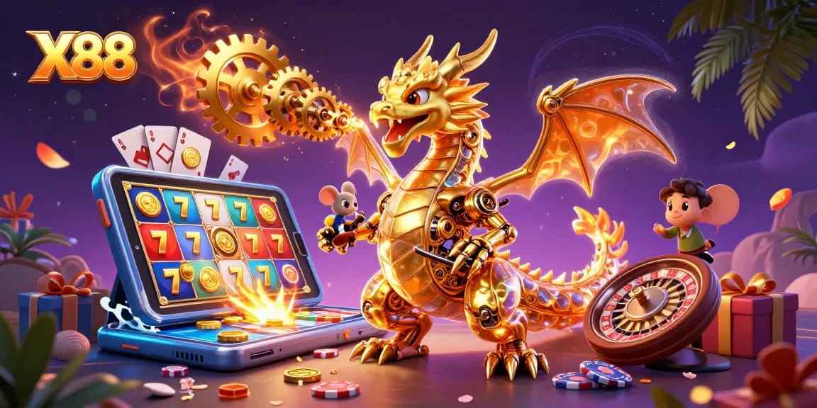 X88 showcases an immersive casino experience with a golden dragon amidst vibrant gaming elements.