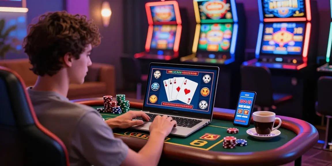 Enjoying online casinos that accept credit cards in a vibrant home gaming setup with cards, chips, and slot machines.
