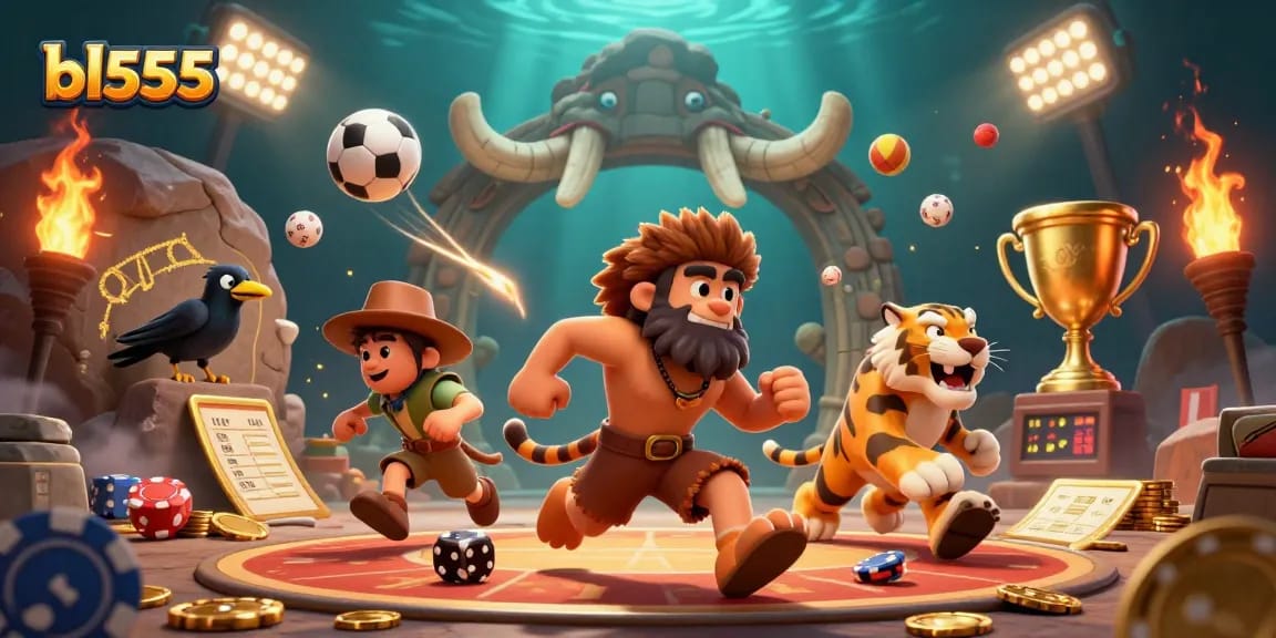 Engage in thrilling casino action at bl555 with a prehistoric theme, showcasing vibrant characters and dynamic sports elements.