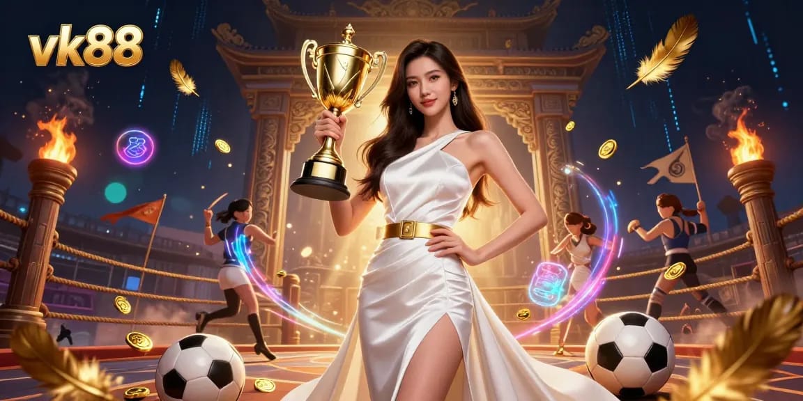 Win big at vk88 with a victorious Asian woman celebrating her sports betting success.