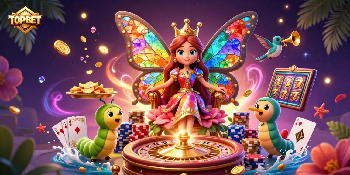 Experience the vibrant gaming world of TOPBET, featuring a whimsical butterfly queen and dynamic casino elements.