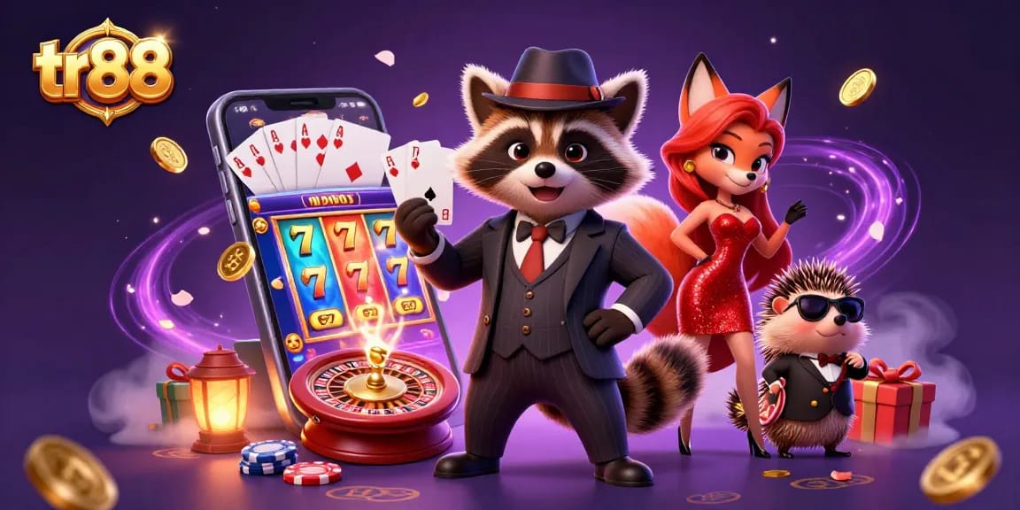 Experience thrilling gaming at tr88 with a suave raccoon, a fox lady, and dynamic casino elements.
