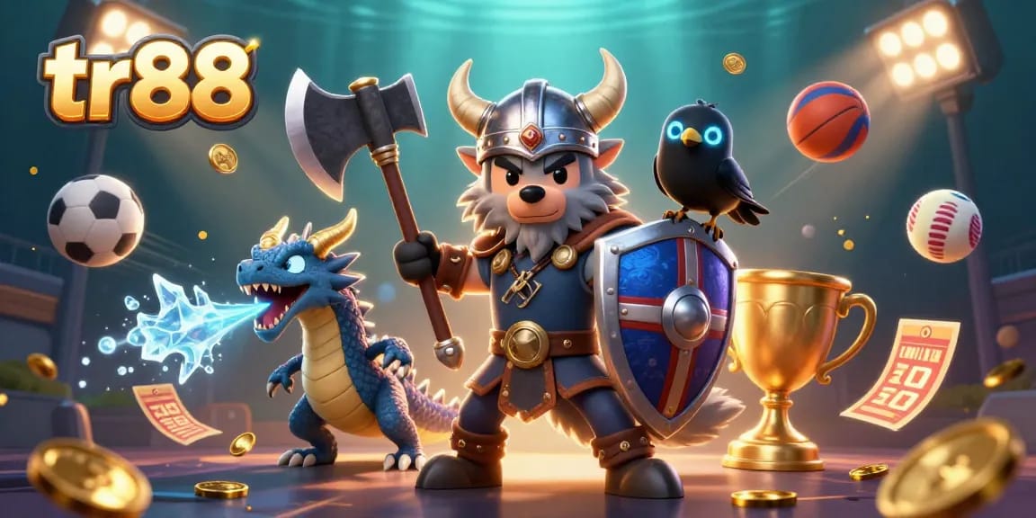Experience thrilling wins at tr88 with a dynamic Viking, dragon, and sports elements in a vibrant casino scene.