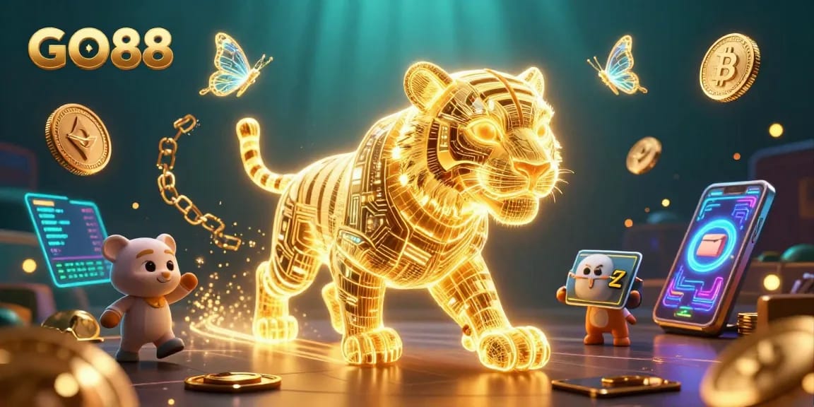Engage in thrilling gameplay at GO88, where the neon tiger prowls through a vibrant digital casino landscape.