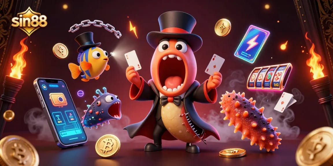 sin88 illuminates a vibrant casino scene with unique characters performing magic tricks while featuring glowing crypto elements.