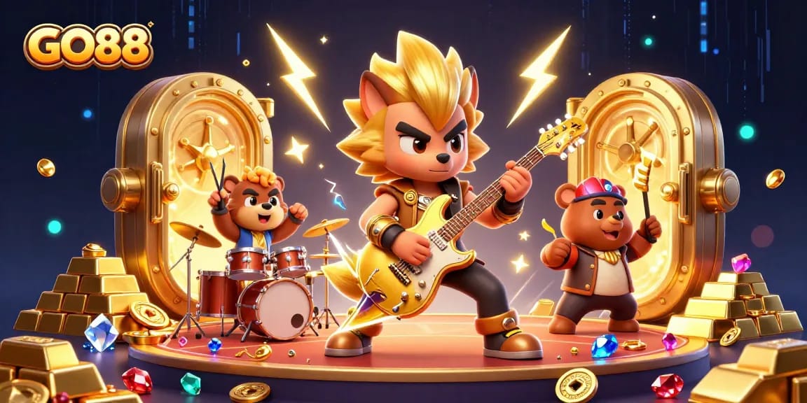 Experience excitement with GO88 as a cartoon wolf rocks out on a vibrant casino stage