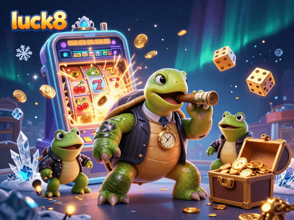 Join the fun with luck8 as a cartoon turtle and bullfrogs navigate the vibrant casino world.
