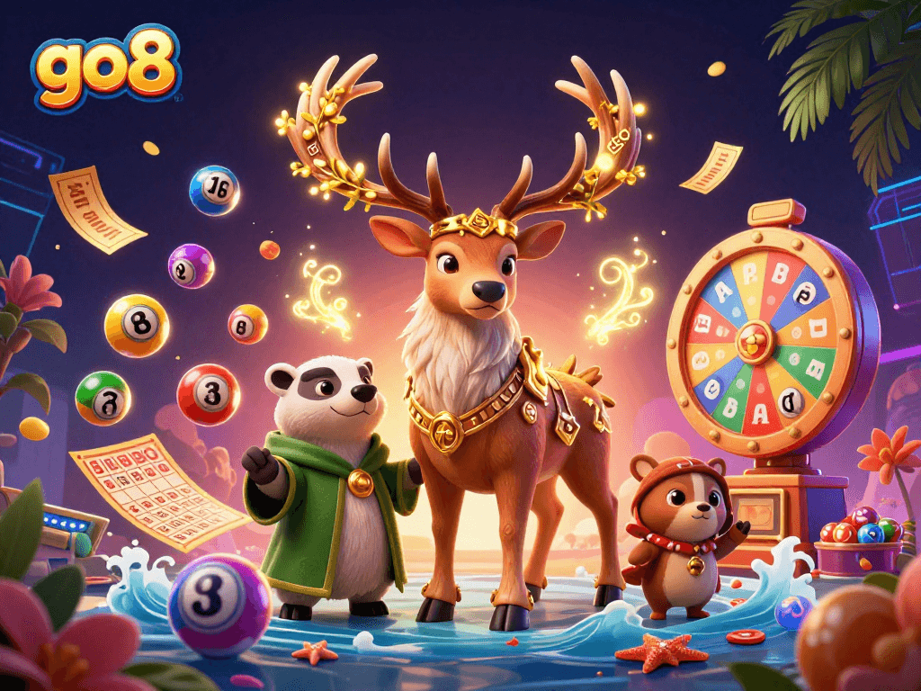 Experience thrilling gameplay with go8, showcasing a vibrant casino scene filled with dynamic lottery elements.