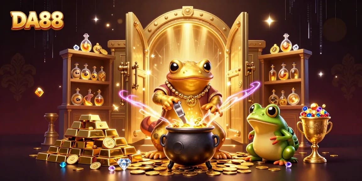 Experience the vibrant DA88 scene as alchemists create gold coins amidst treasures in a lively casino.