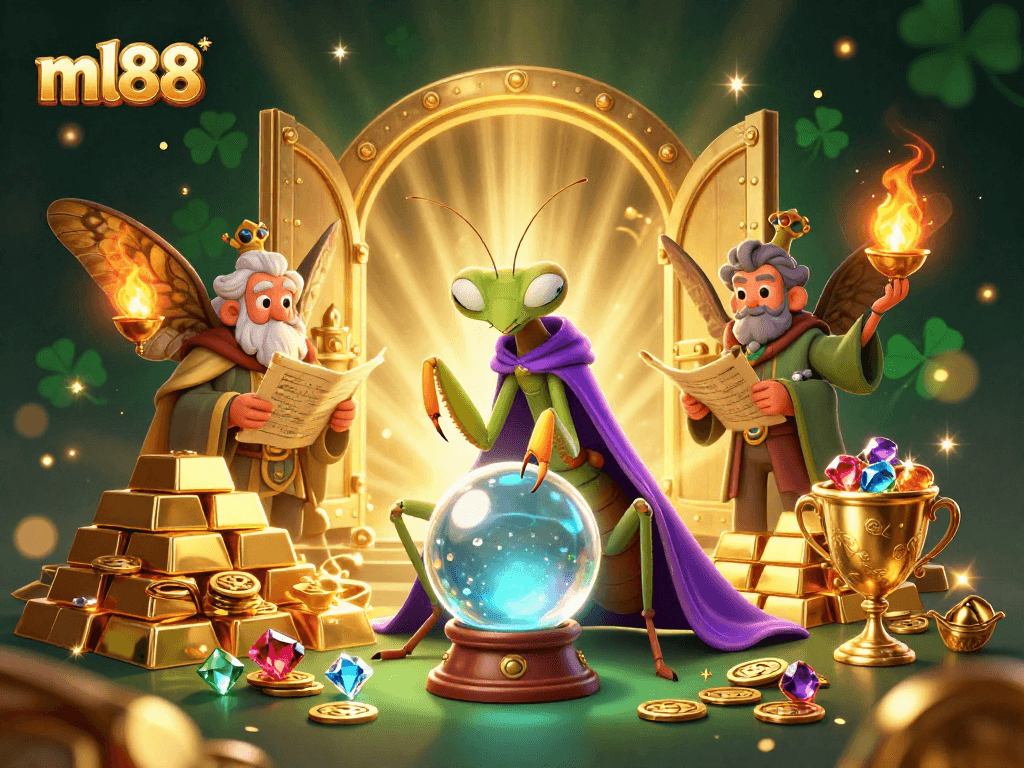 Experience the excitement of ml88 with a mystical fortune teller and treasure elements in a vibrant 3D casino scene.