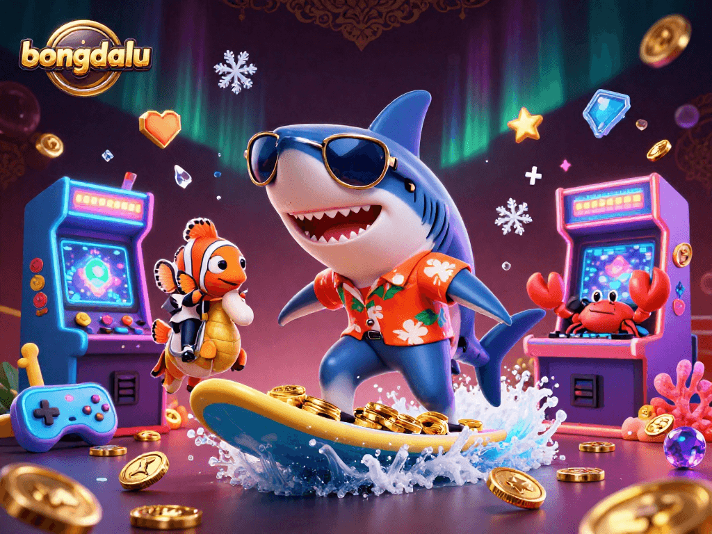 Bongdalu showcases a vibrant underwater casino scene featuring a shark surfing on gold coins, embodying thrilling gaming action.