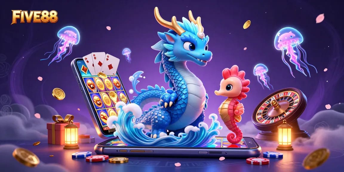 Experience the vibrant world of FIVE88 with a majestic water dragon and dynamic casino elements.