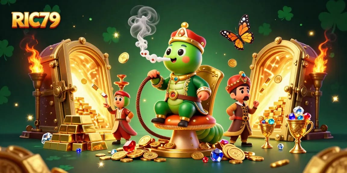 Experience RIC79's vibrant gaming realm filled with golden treasures and poker symbols.