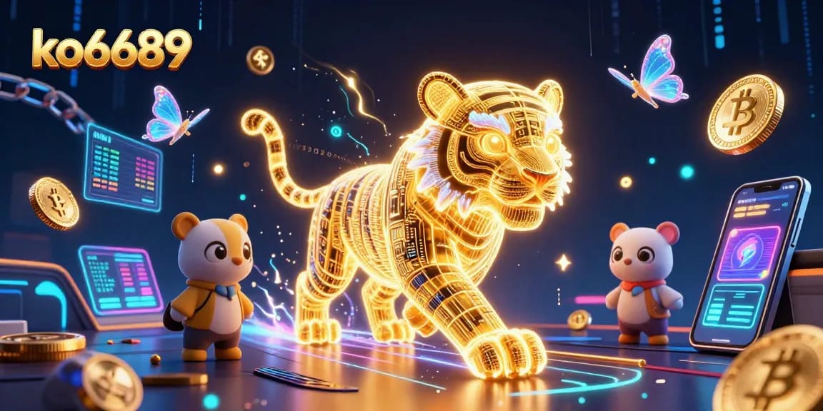 Engage in thrilling gameplay on ko6689 with a vibrant neon casino scene featuring a golden tiger and crypto elements.