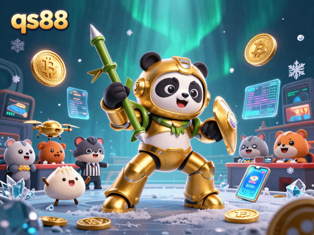 Engage with qs88's vibrant 3D casino scene featuring dynamic characters and neon crypto elements.