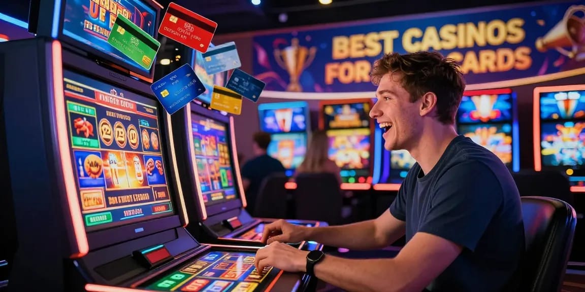 Excited player enjoying games at the best casinos for credit cards online, surrounded by vibrant casino elements and credit card icons.