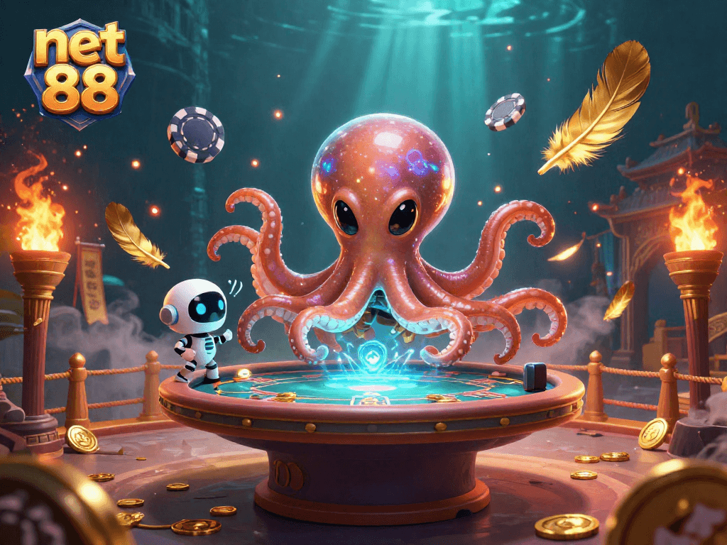 Engage with exciting poker action at net 88 with a colorful alien octopus and robot in a vibrant casino