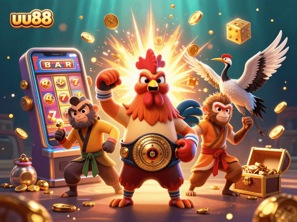 Play thrilling games at uu88 with vibrant characters celebrating jackpot wins and casino excitement.