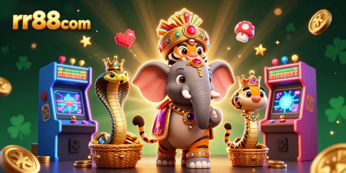 Play exciting games on rr88com with a jewel-encrusted elephant and vibrant casino symbols.