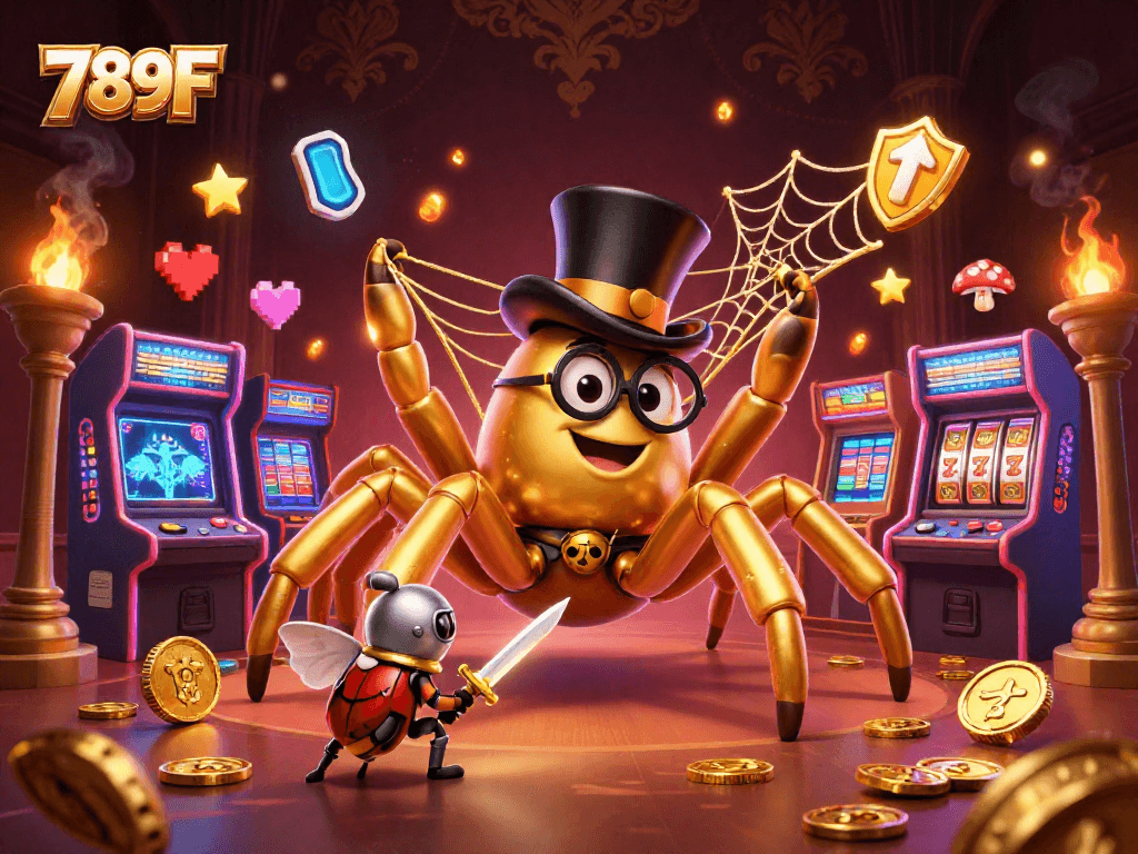 Experience the excitement of 789F with a vibrant illustration of a golden spider and knight in a casino.