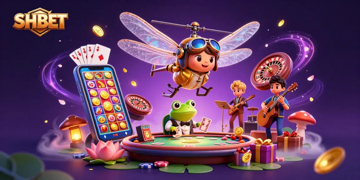 Experience the thrilling SHBET gaming world with a dragonfly pilot and dynamic casino action.