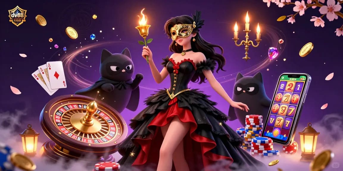 Win big at dv88 com with vibrant casino-themed 3D illustration featuring lucky symbols and characters.
