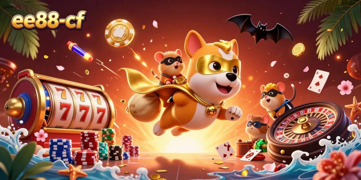 Experience the excitement with ee88-cf in a vibrant casino scene featuring a superhero dog and vivid gambling elements.