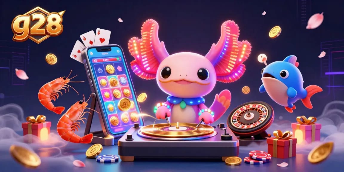 Spin vibrant slot games with g28 themed casino scene featuring animated DJ, shrimp dancers, and gleaming prizes.