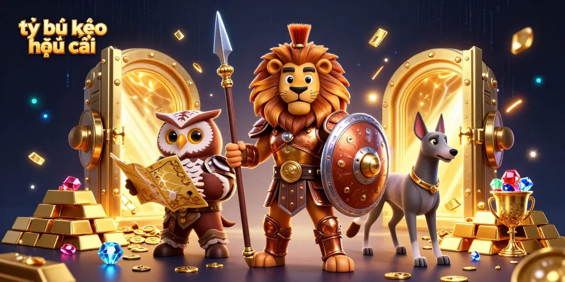 Experience the thrill of tỷ lệ kèo nhà cái with a dynamic 3D casino scene featuring a Spartan lion and owl strategist.