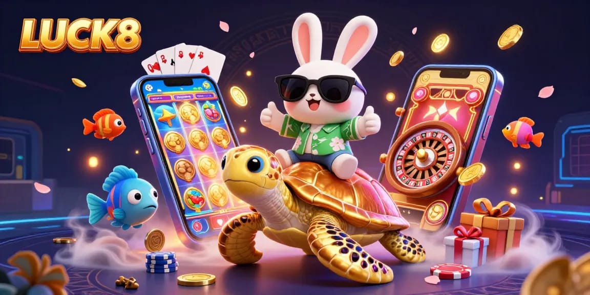 LUCK8 illustration showcasing a lucky rabbit and golden turtle among casino elements, celebrating vibrant gaming.