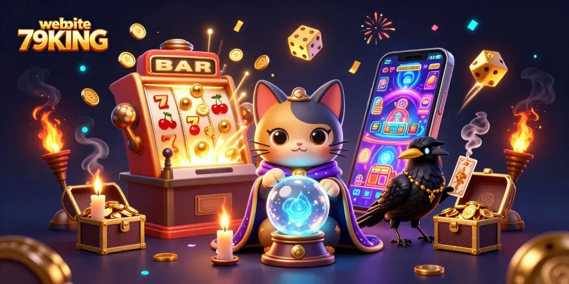 Engage with thrilling games on website 79KING featuring a mystical scene with vibrant slot machine elements.