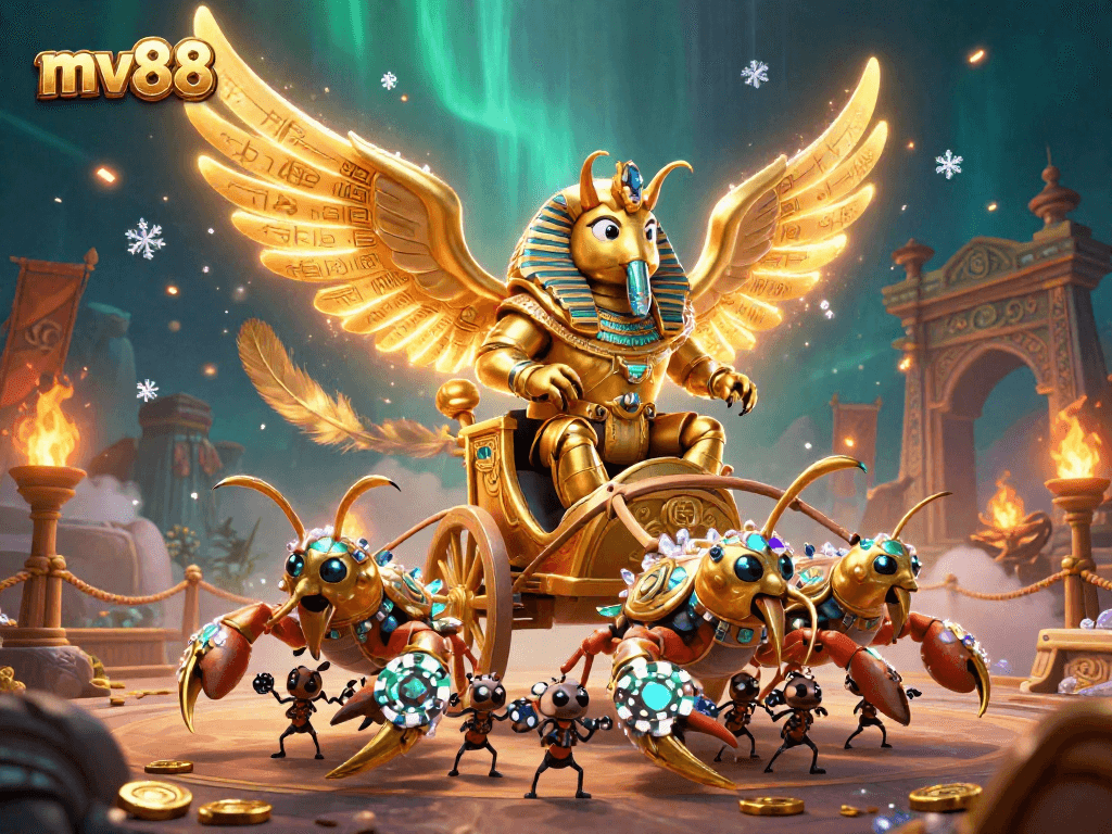 Experience thrilling gameplay at mv88 with a vivid scene featuring a golden scarab and poker chips.