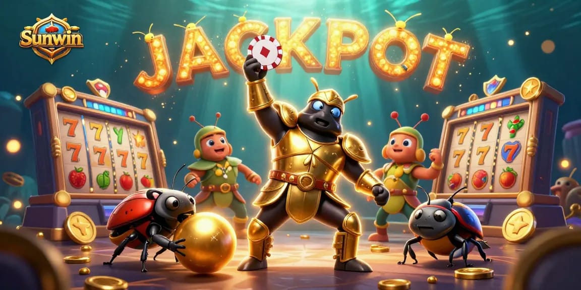 Sunwin online casino illustration showcasing a victorious beetle with poker chips and slot reels.