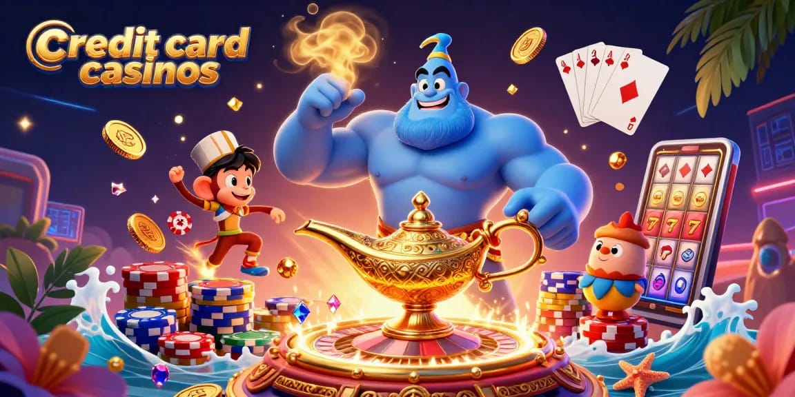 Experience the excitement of credit card casinos with a genie and magical elements in a vibrant casino scene.