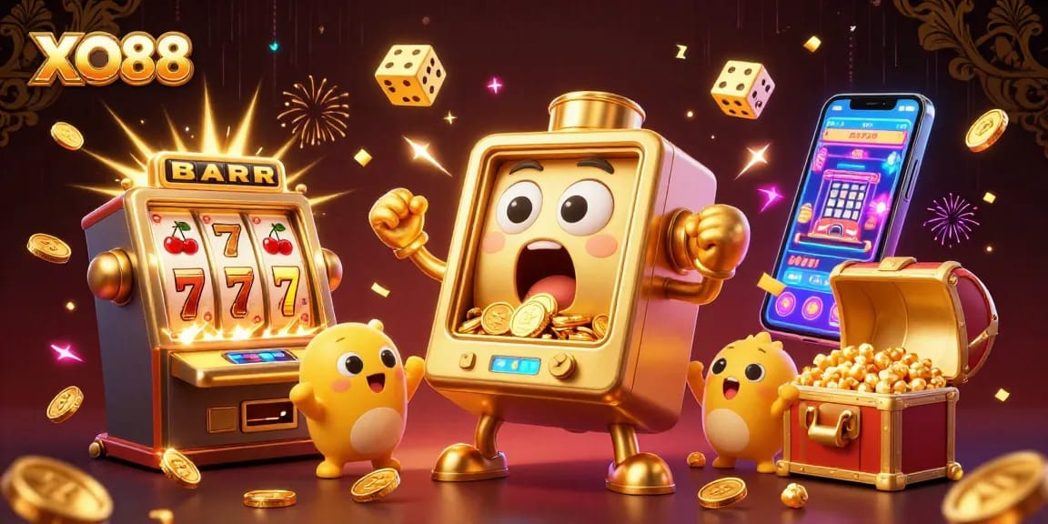 XO88 slot machine celebrating a jackpot with vibrant coins and jubilant atmosphere.