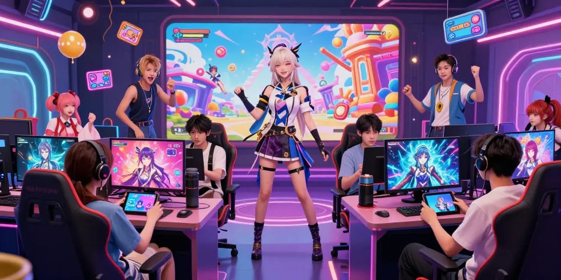 Engaging scene from a popular hentai game with vibrant characters and diverse players immersed in gameplay.