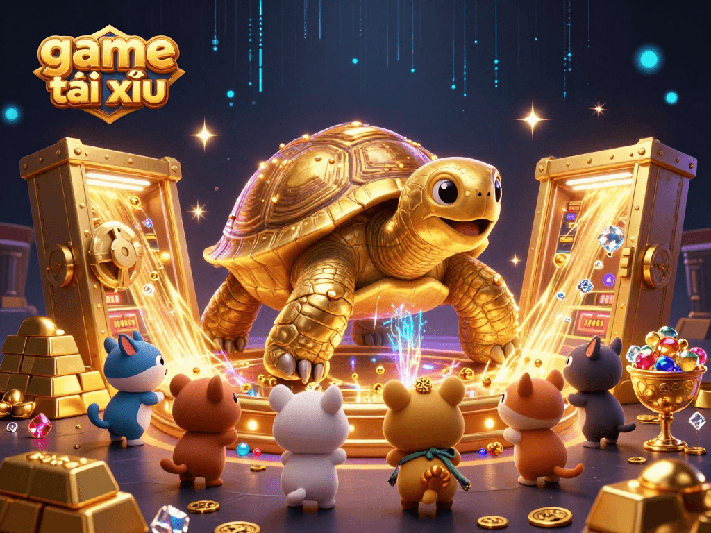 Game tài xỉu themed illustration featuring a colossal golden tortoise and dazzling treasures for gamblers.