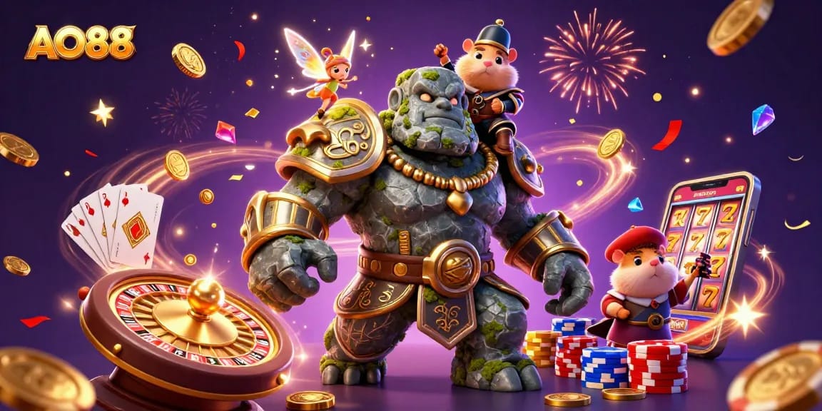 Engage with AO88's dynamic gaming experience, featuring a magical golem and enchanting elements.