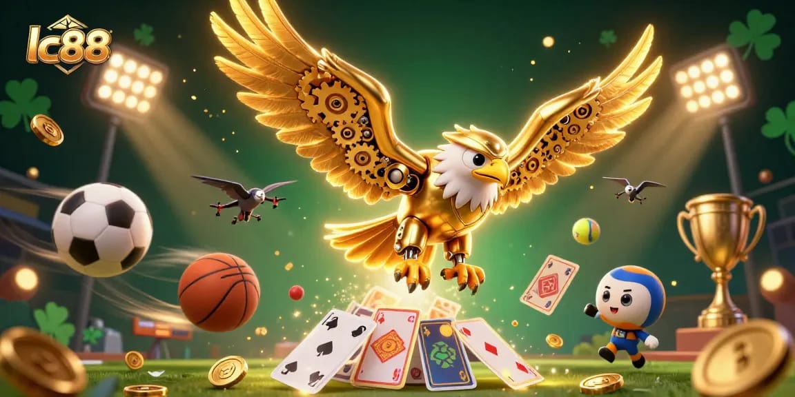Experience thrilling gameplay at lc88 with a dynamic illustration of a golden eagle amidst vibrant gaming elements.