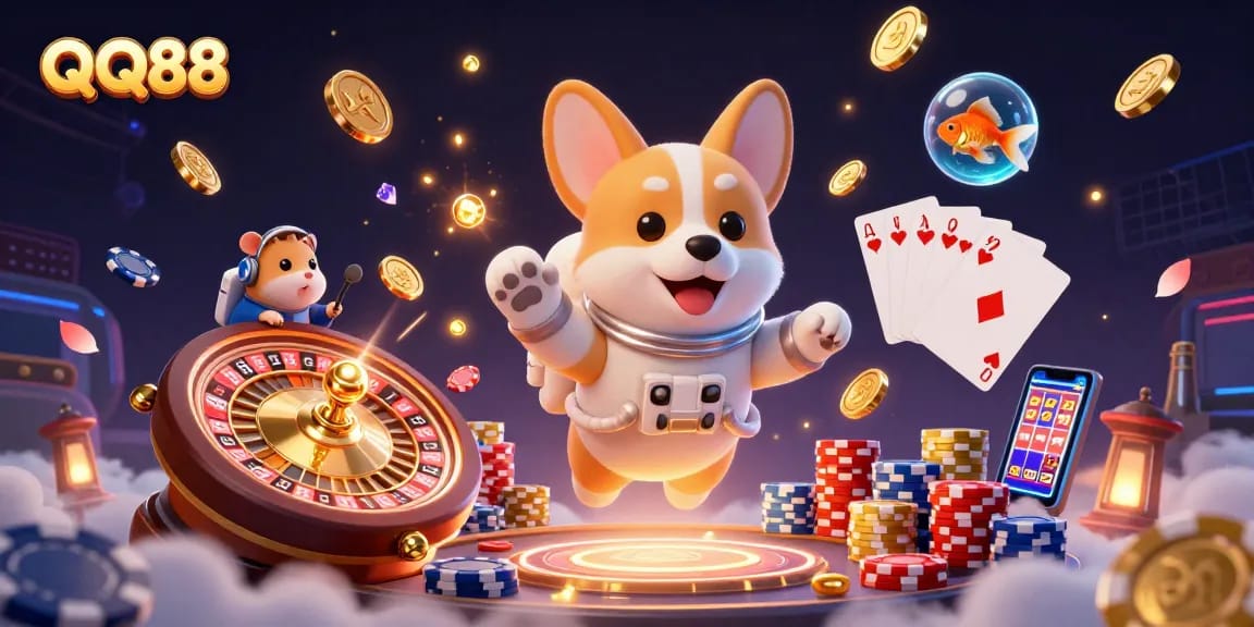 Experience the thrill of QQ88 with a 3D astronaut corgi and casino games in zero gravity.