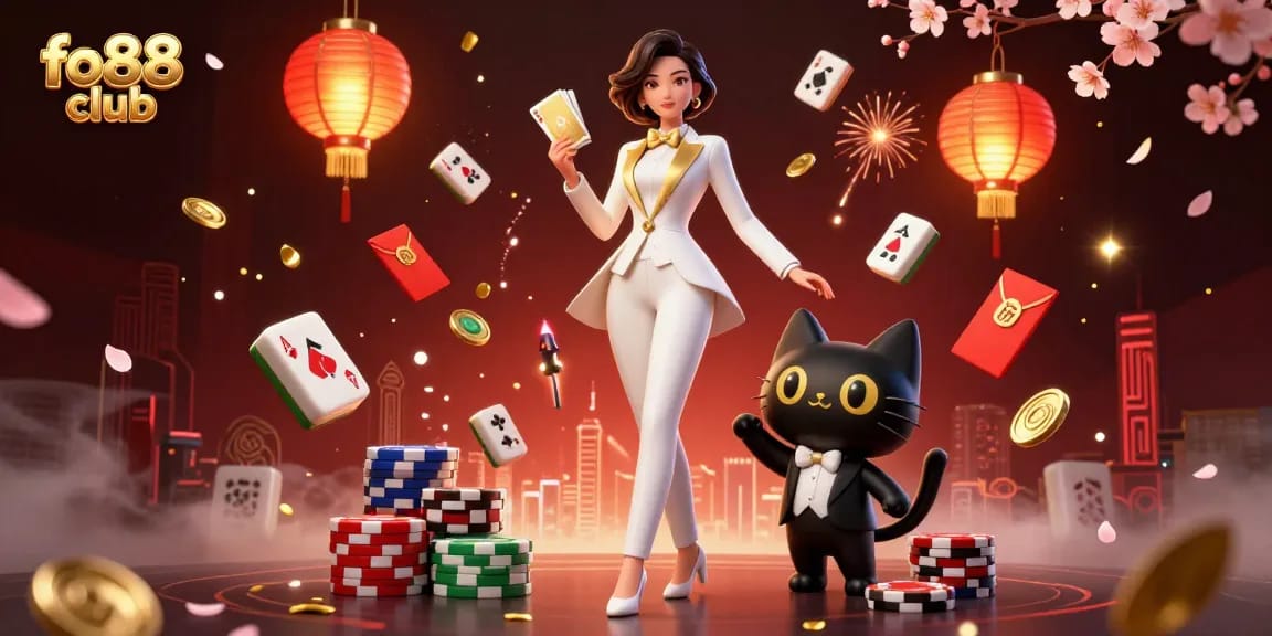 Experience thrilling gameplay at fo88 club with a glamorous woman in a tuxedo shuffling golden cards, themed by elegant casino elements.