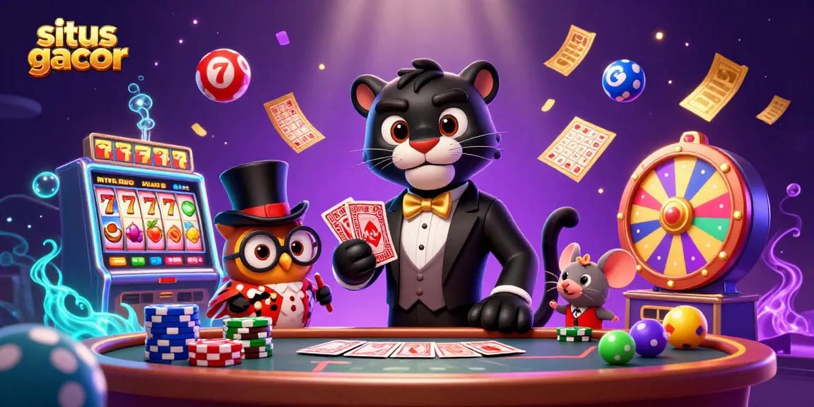 Engage with situs gacor in an exciting 3D digital casino scene featuring a classy panther, owl, and lucky mouse.