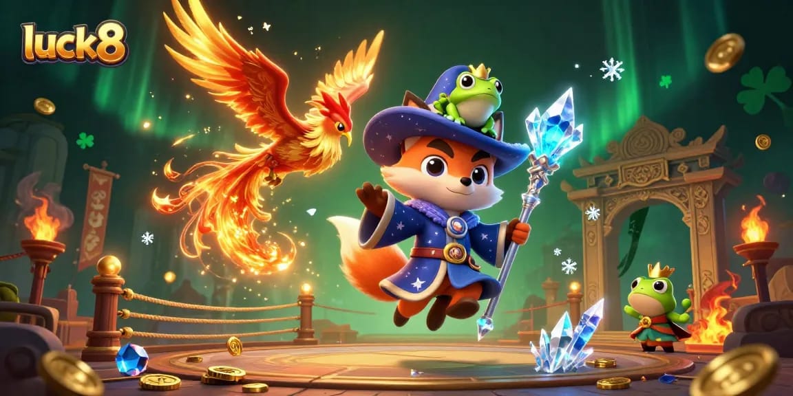 Engage with luck8 in a mystical casino adventure featuring a wizard fox, phoenix, and enchanted elements.
